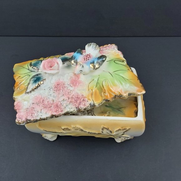 Porcelain Jewelry Trinket Box Gold Gilded with Matching Trays Bird Flower Leaves - Picture 16 of 16